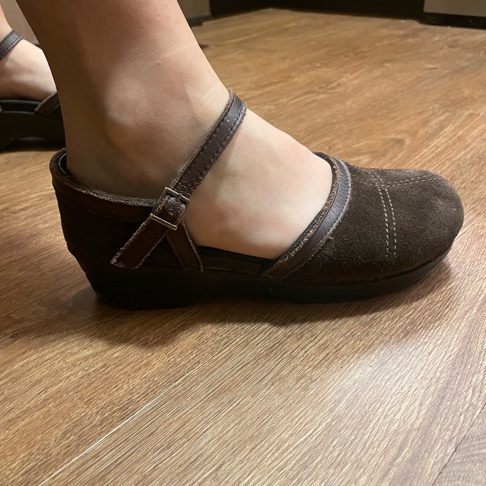 Dansko Madrigal clog! Brown suede & leather with classic rocker, comfort heel.